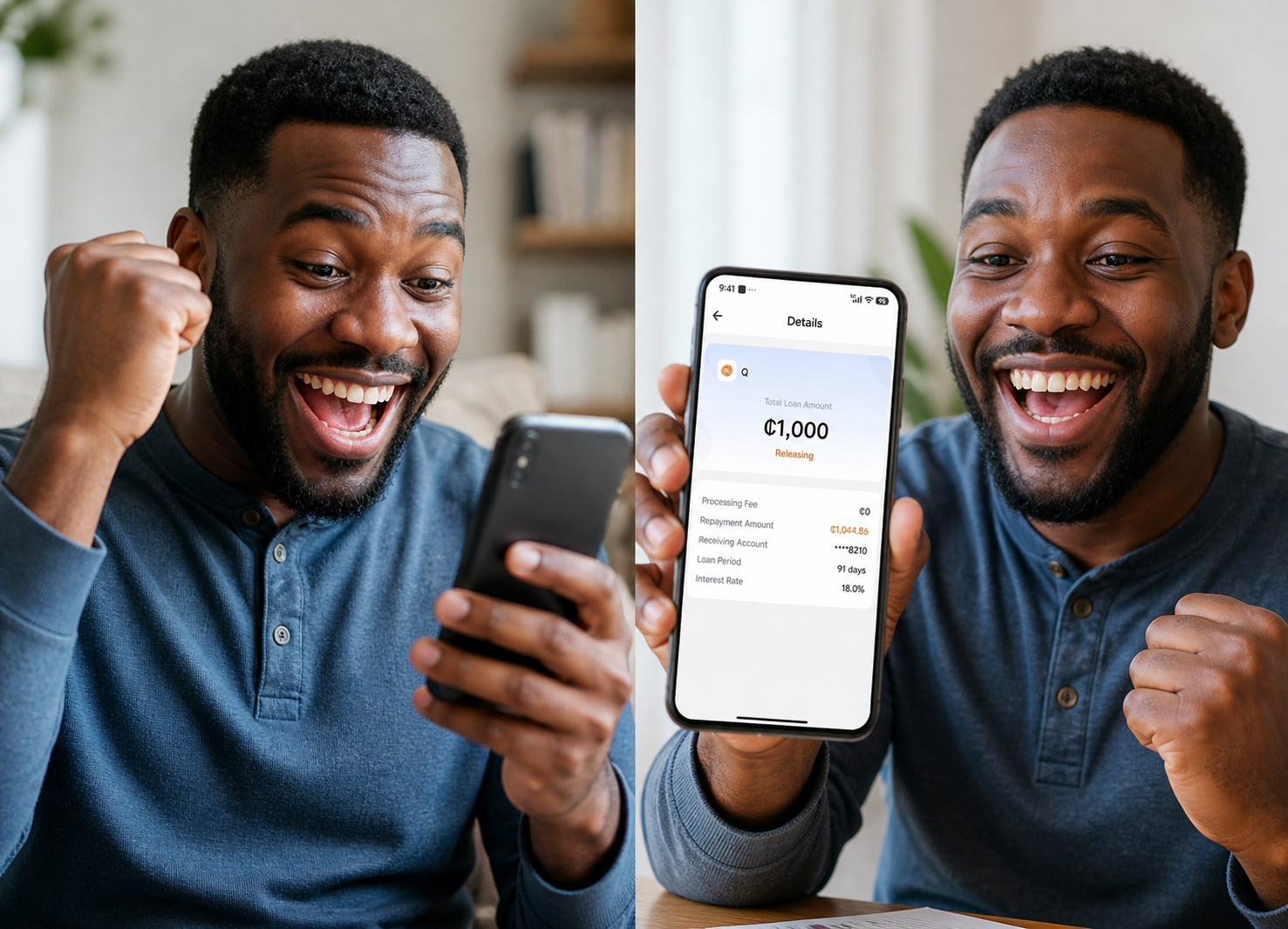 Customer celebrating after receiving a loan approval in the NhyiraCash app